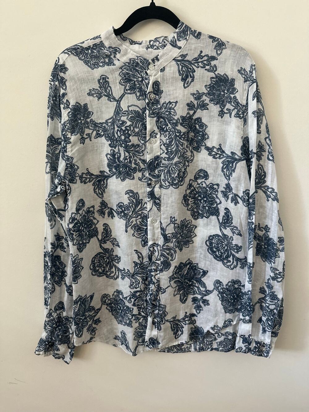 MM Studio 100% Linen Button Down Blouse Top Women's Size XL Blue Floral